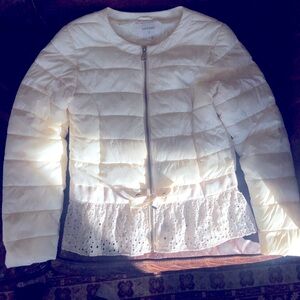 Puffer quilted jacket size S white womens eyelet peplum waist with tie prairie